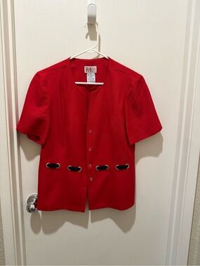 Red Short Sleeve Button Front Jacket with Black Trim